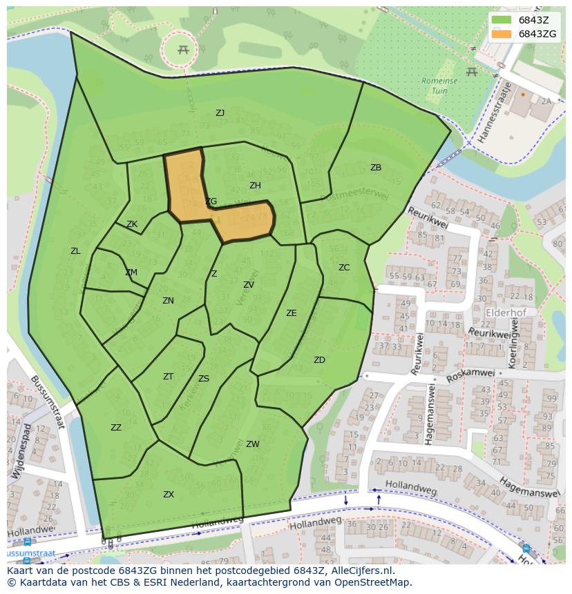 Afbeelding van het postcodegebied 6843 ZG op de kaart.