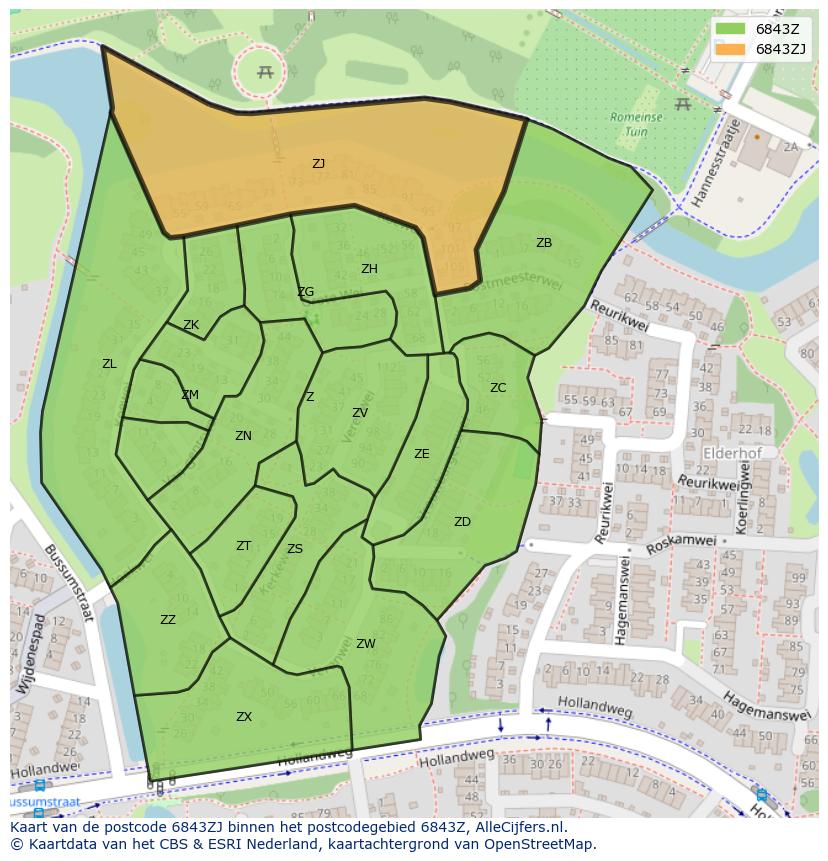 Afbeelding van het postcodegebied 6843 ZJ op de kaart.
