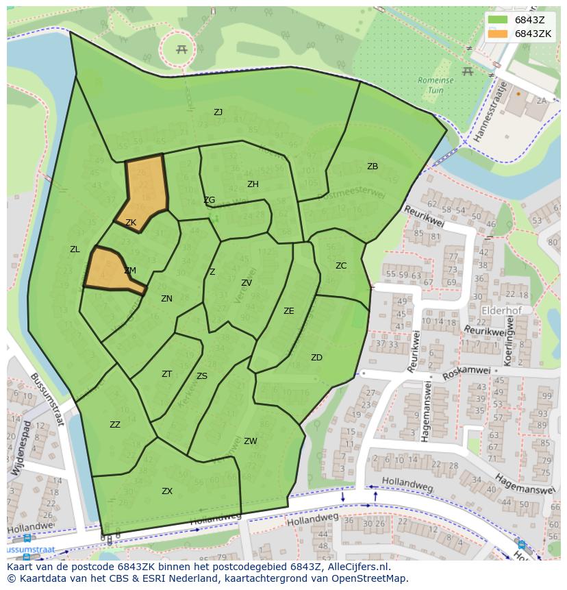 Afbeelding van het postcodegebied 6843 ZK op de kaart.