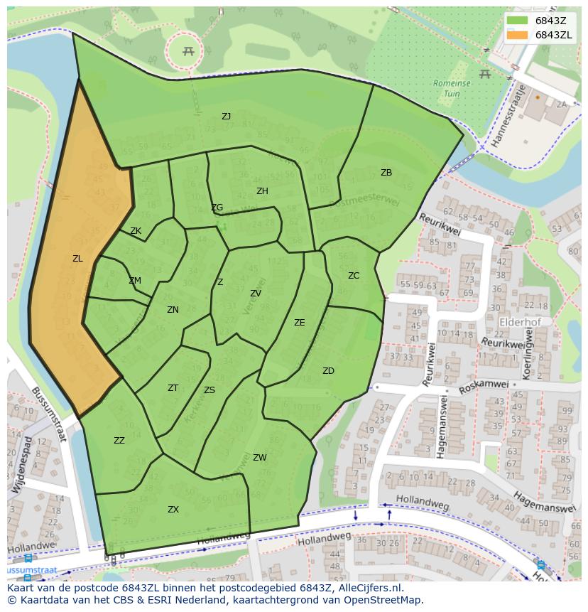 Afbeelding van het postcodegebied 6843 ZL op de kaart.