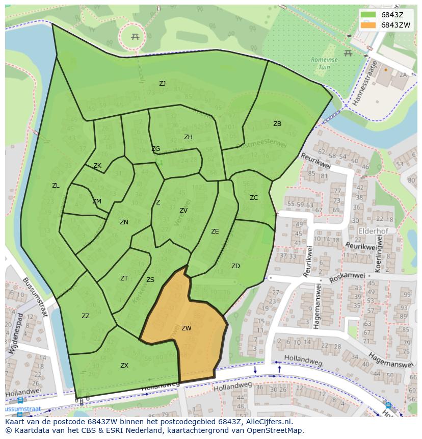 Afbeelding van het postcodegebied 6843 ZW op de kaart.