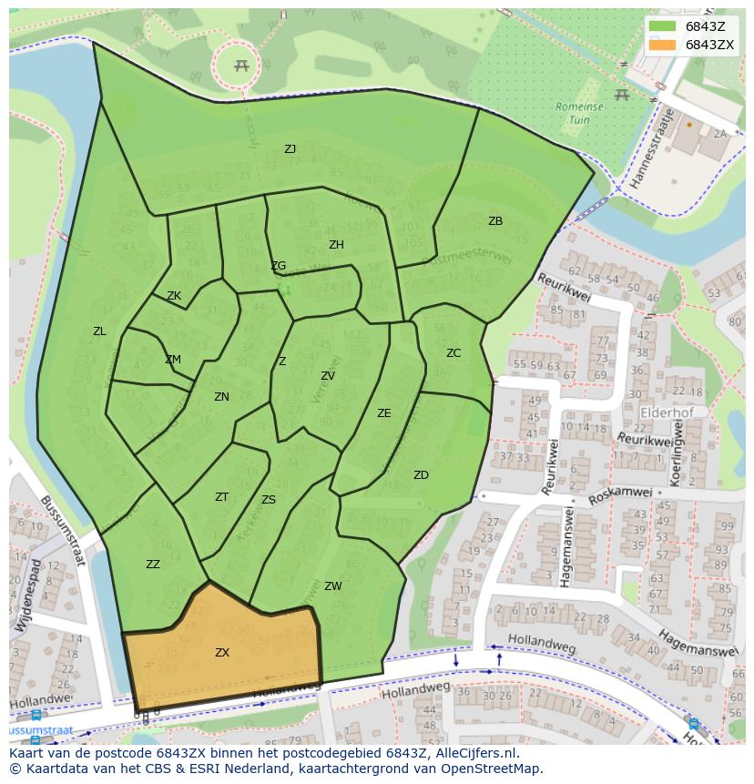Afbeelding van het postcodegebied 6843 ZX op de kaart.