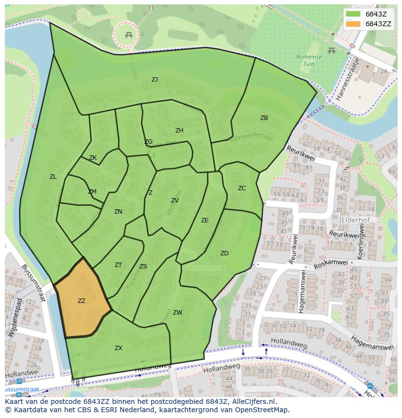 Afbeelding van het postcodegebied 6843 ZZ op de kaart.