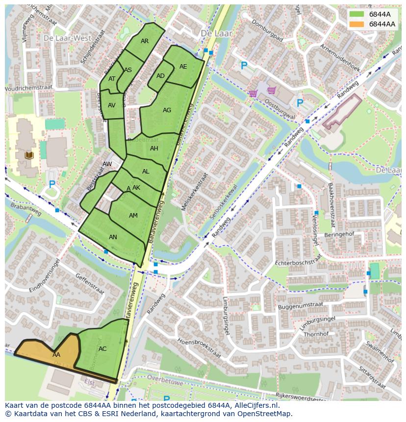 Afbeelding van het postcodegebied 6844 AA op de kaart.