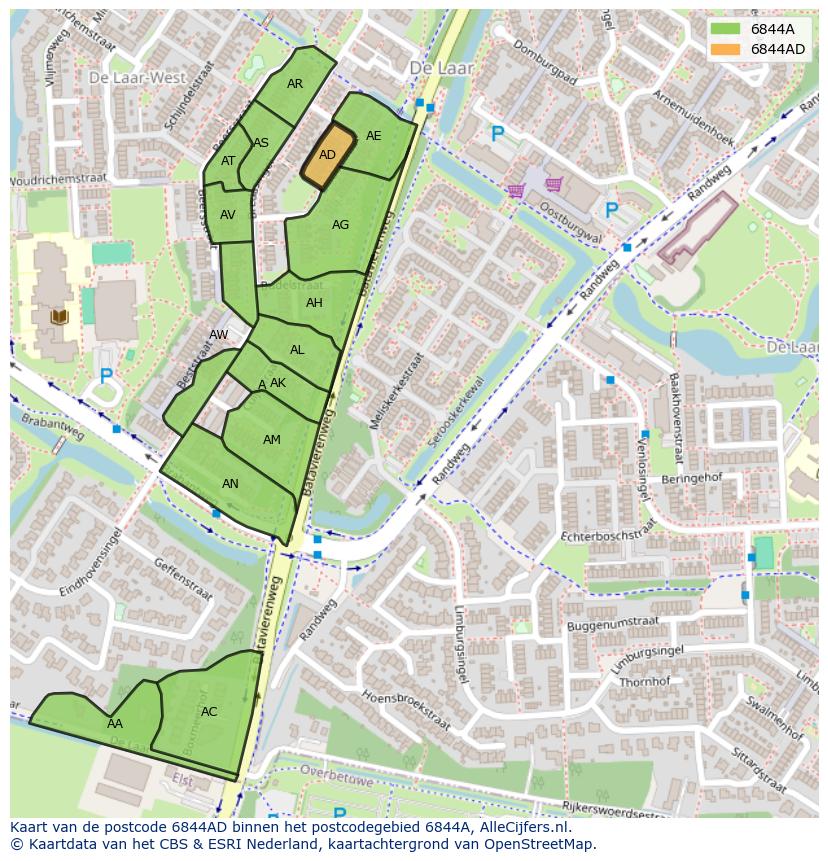 Afbeelding van het postcodegebied 6844 AD op de kaart.