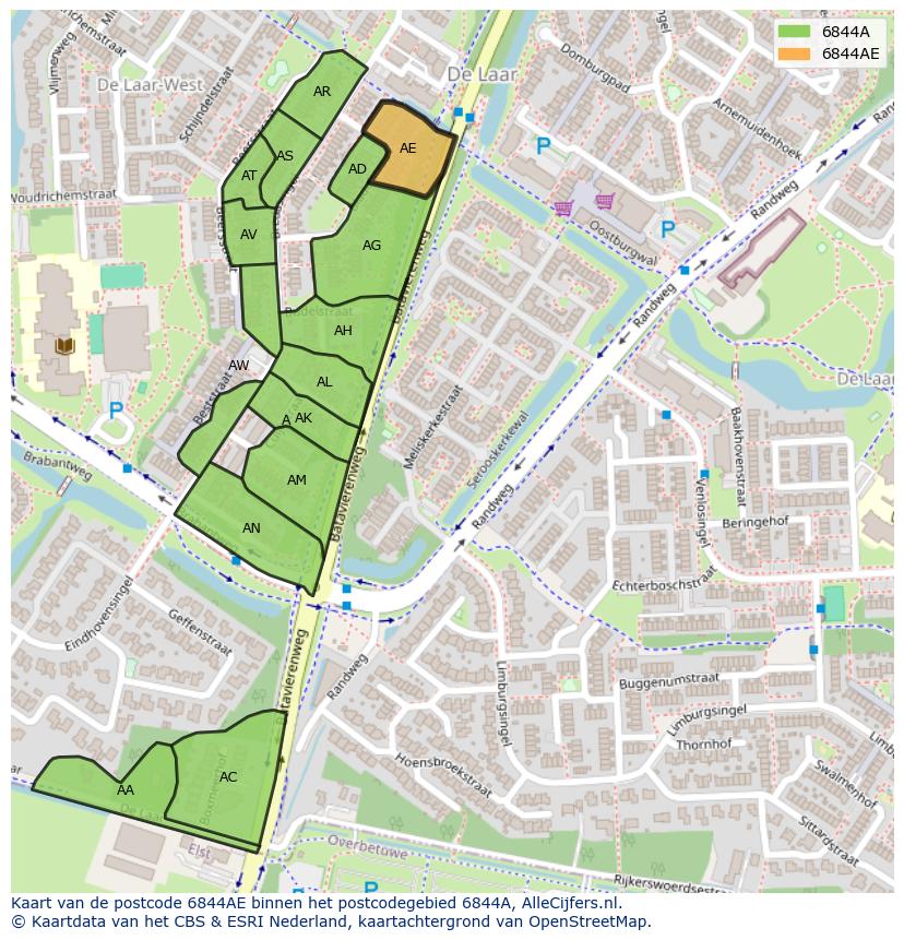 Afbeelding van het postcodegebied 6844 AE op de kaart.