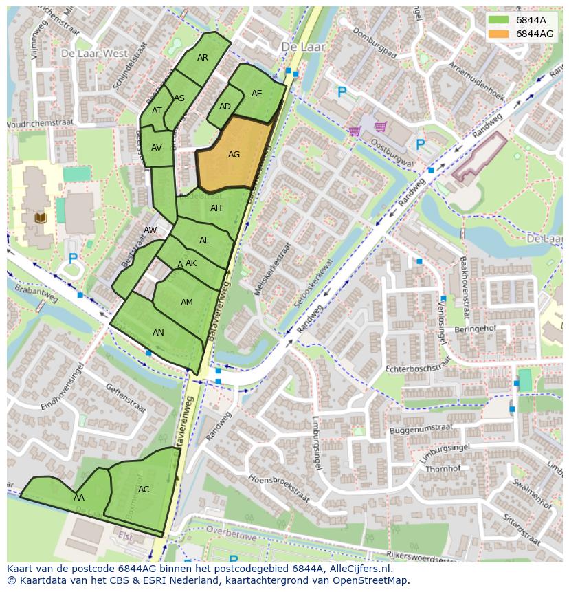 Afbeelding van het postcodegebied 6844 AG op de kaart.