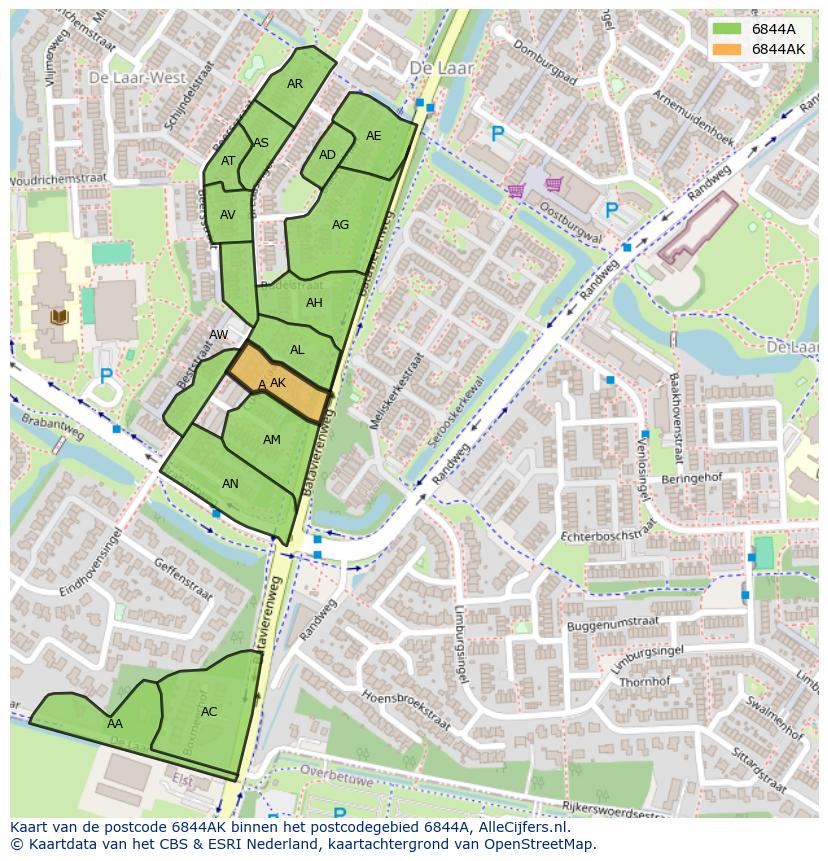Afbeelding van het postcodegebied 6844 AK op de kaart.