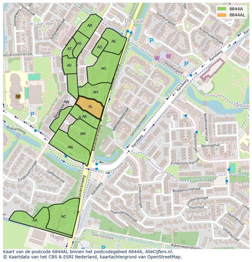 Afbeelding van het postcodegebied 6844 AL op de kaart.