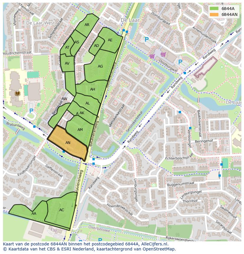Afbeelding van het postcodegebied 6844 AN op de kaart.