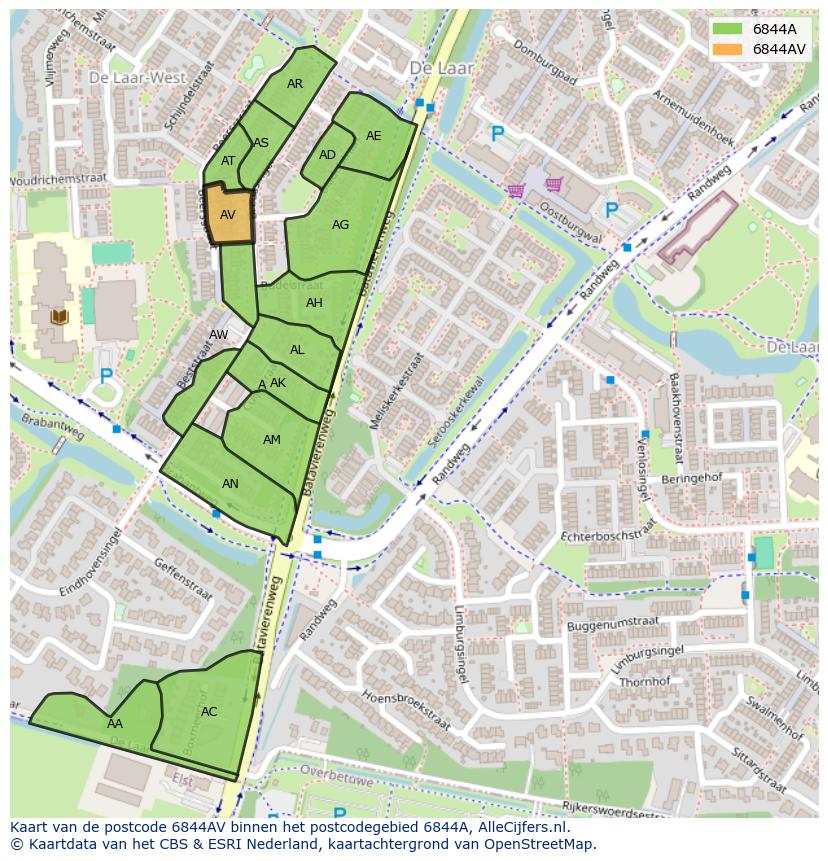 Afbeelding van het postcodegebied 6844 AV op de kaart.