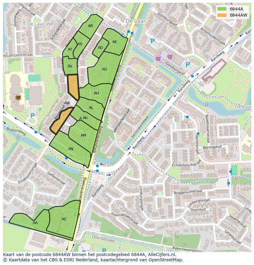 Afbeelding van het postcodegebied 6844 AW op de kaart.