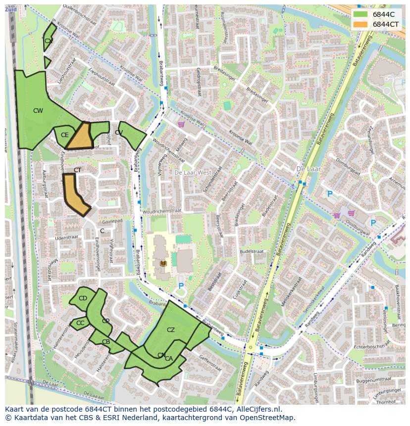 Afbeelding van het postcodegebied 6844 CT op de kaart.