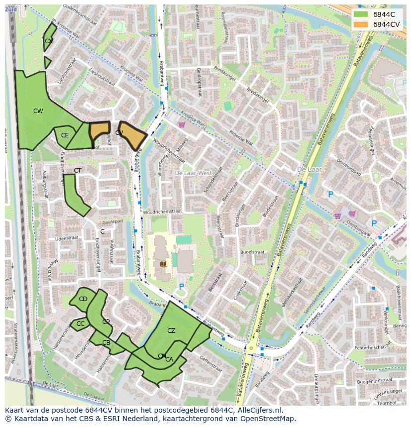 Afbeelding van het postcodegebied 6844 CV op de kaart.