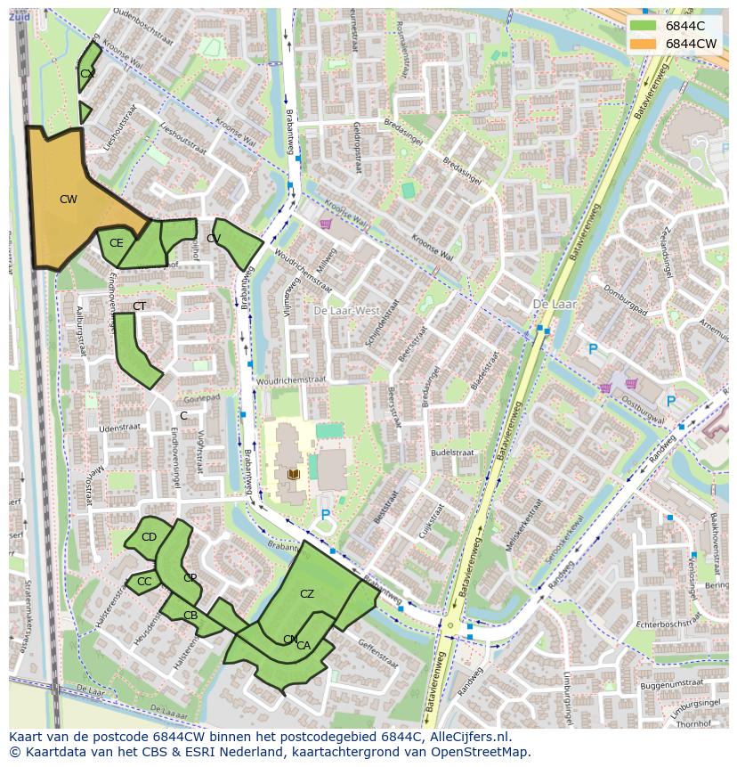Afbeelding van het postcodegebied 6844 CW op de kaart.