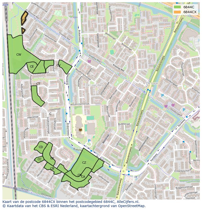 Afbeelding van het postcodegebied 6844 CX op de kaart.