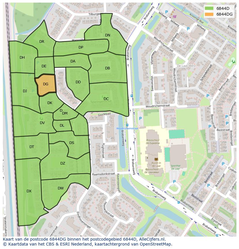 Afbeelding van het postcodegebied 6844 DG op de kaart.