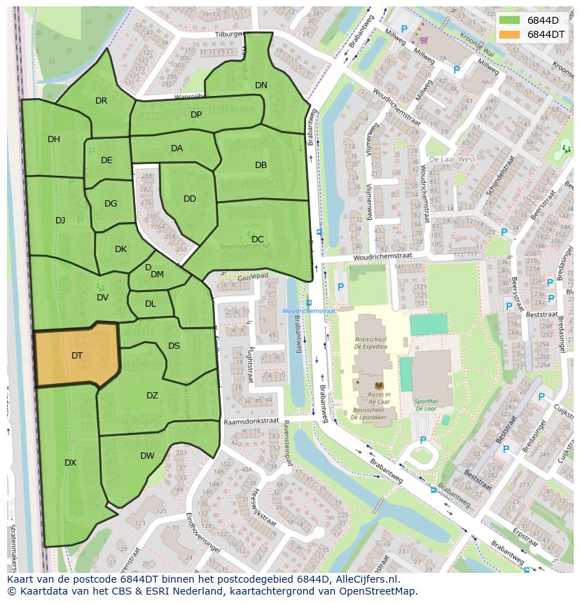 Afbeelding van het postcodegebied 6844 DT op de kaart.