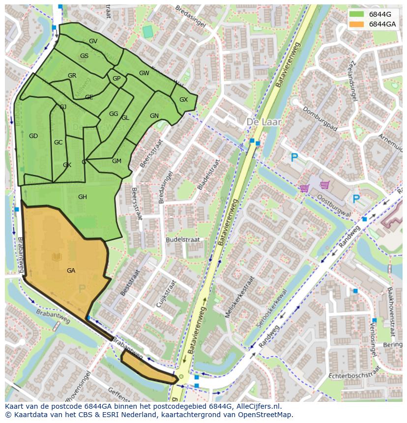 Afbeelding van het postcodegebied 6844 GA op de kaart.