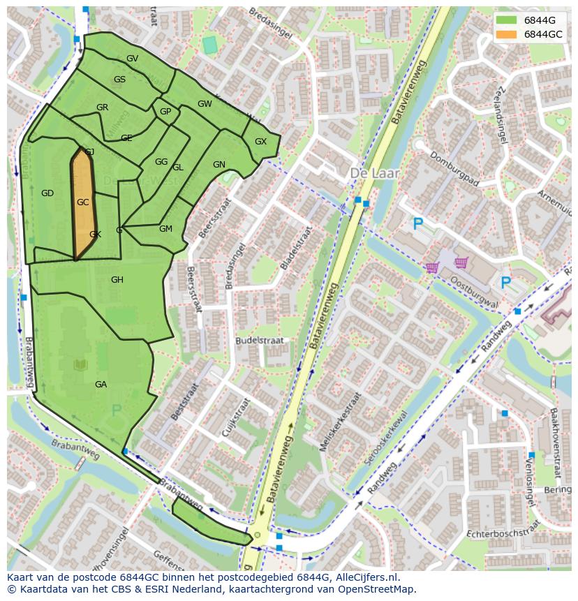 Afbeelding van het postcodegebied 6844 GC op de kaart.
