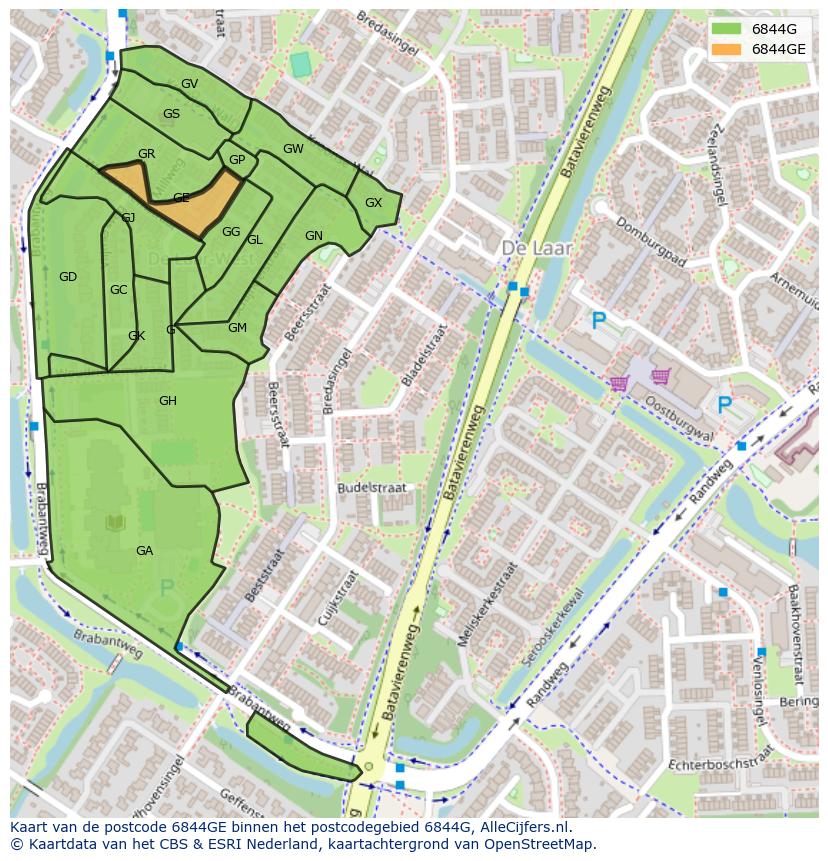 Afbeelding van het postcodegebied 6844 GE op de kaart.