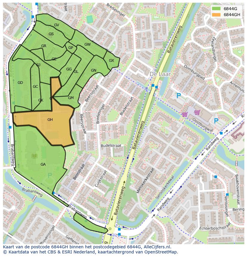 Afbeelding van het postcodegebied 6844 GH op de kaart.