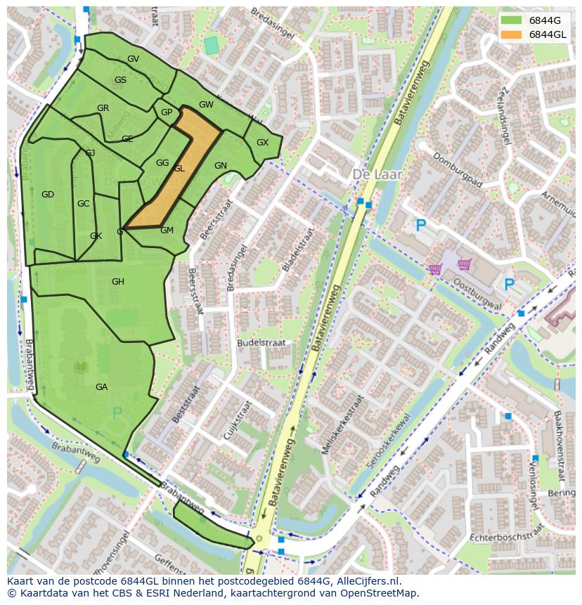 Afbeelding van het postcodegebied 6844 GL op de kaart.
