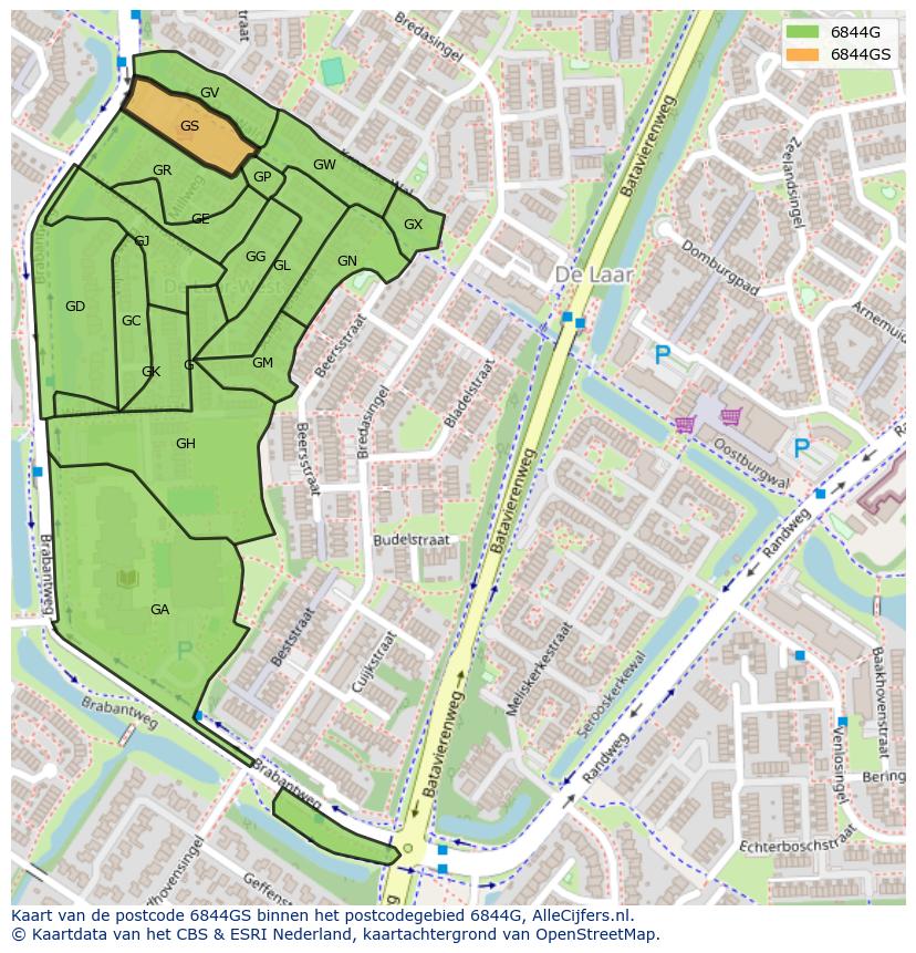 Afbeelding van het postcodegebied 6844 GS op de kaart.