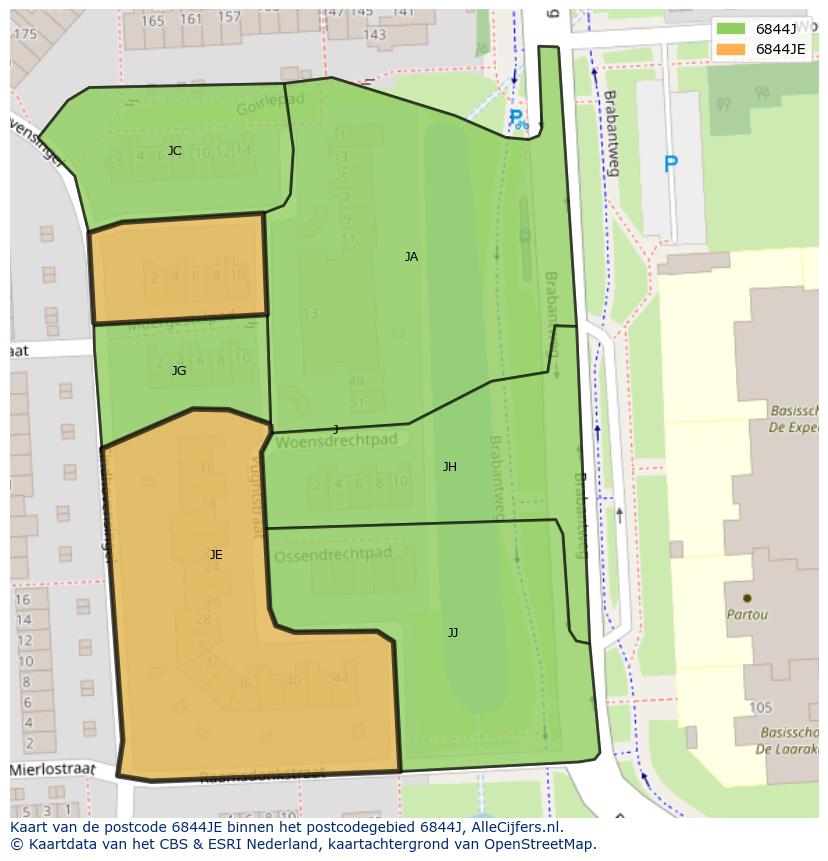 Afbeelding van het postcodegebied 6844 JE op de kaart.