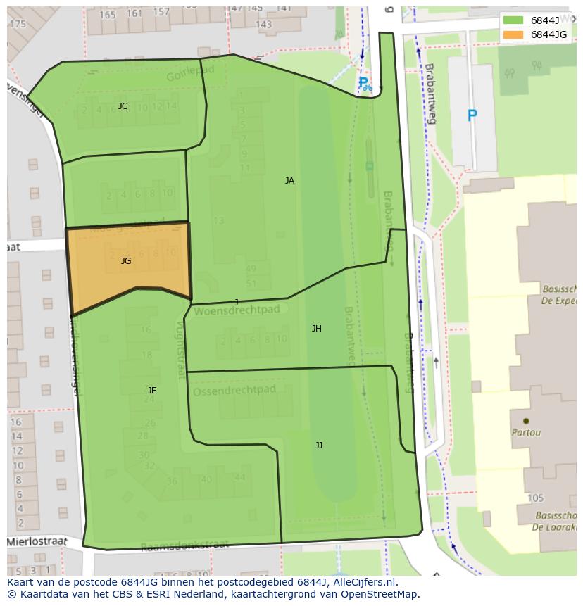 Afbeelding van het postcodegebied 6844 JG op de kaart.