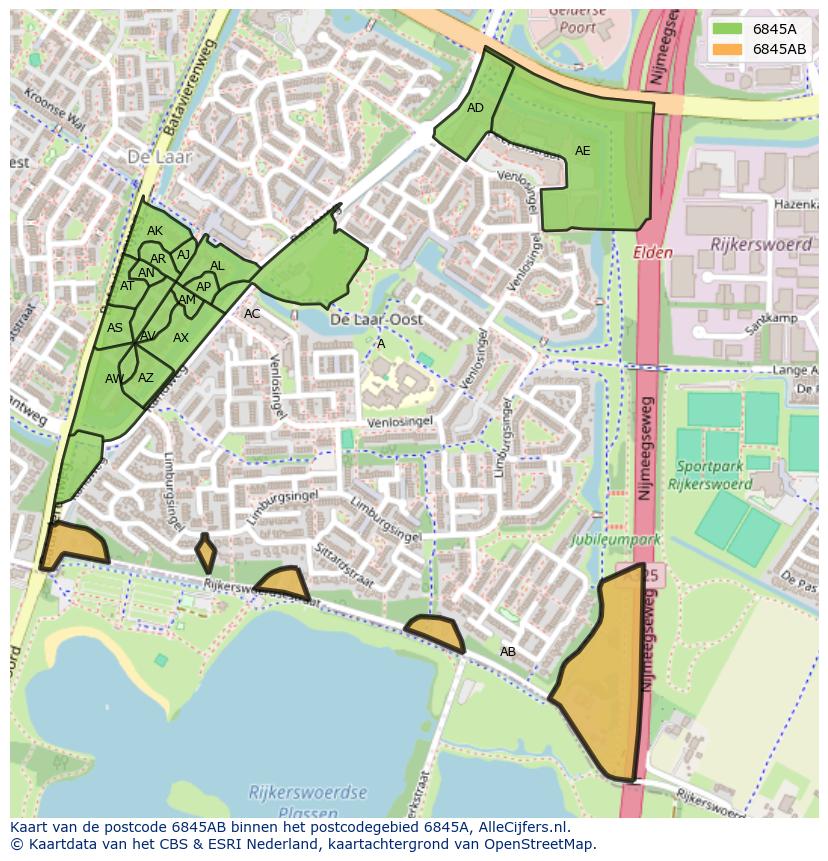 Afbeelding van het postcodegebied 6845 AB op de kaart.