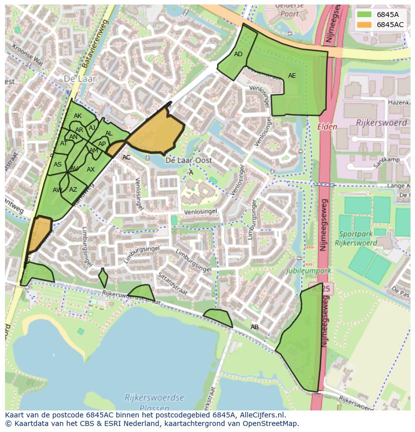 Afbeelding van het postcodegebied 6845 AC op de kaart.