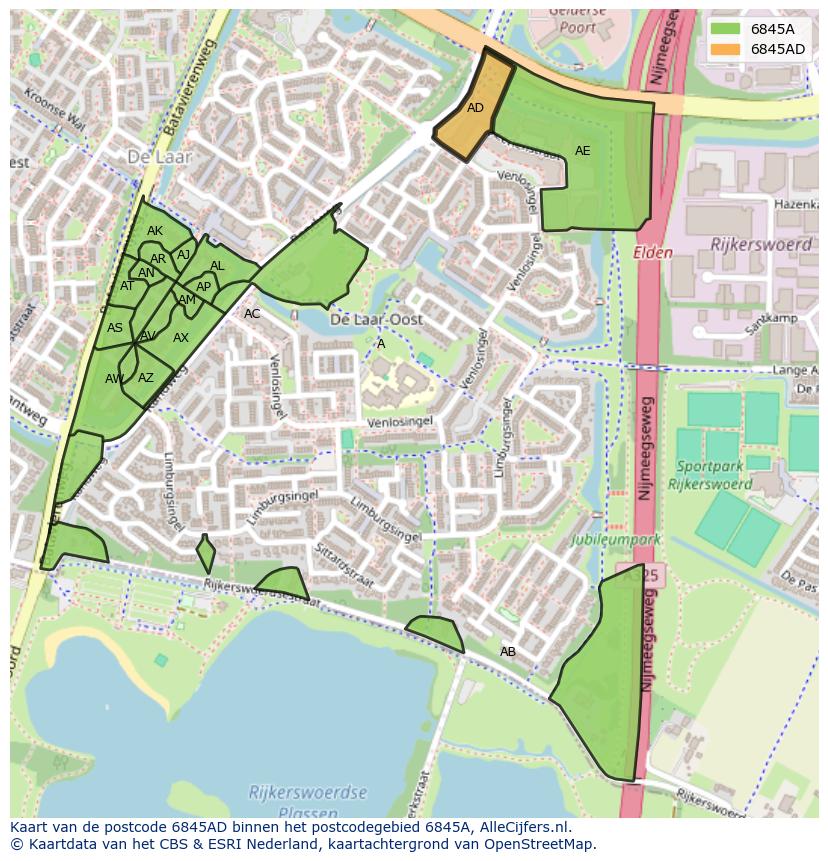 Afbeelding van het postcodegebied 6845 AD op de kaart.