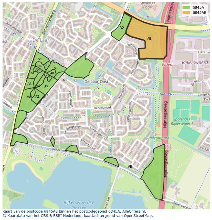 Afbeelding van het postcodegebied 6845 AE op de kaart.