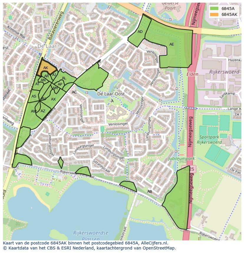 Afbeelding van het postcodegebied 6845 AK op de kaart.