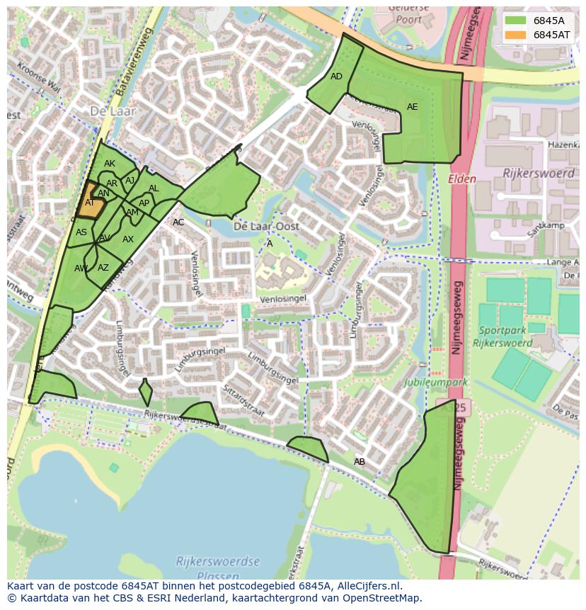 Afbeelding van het postcodegebied 6845 AT op de kaart.