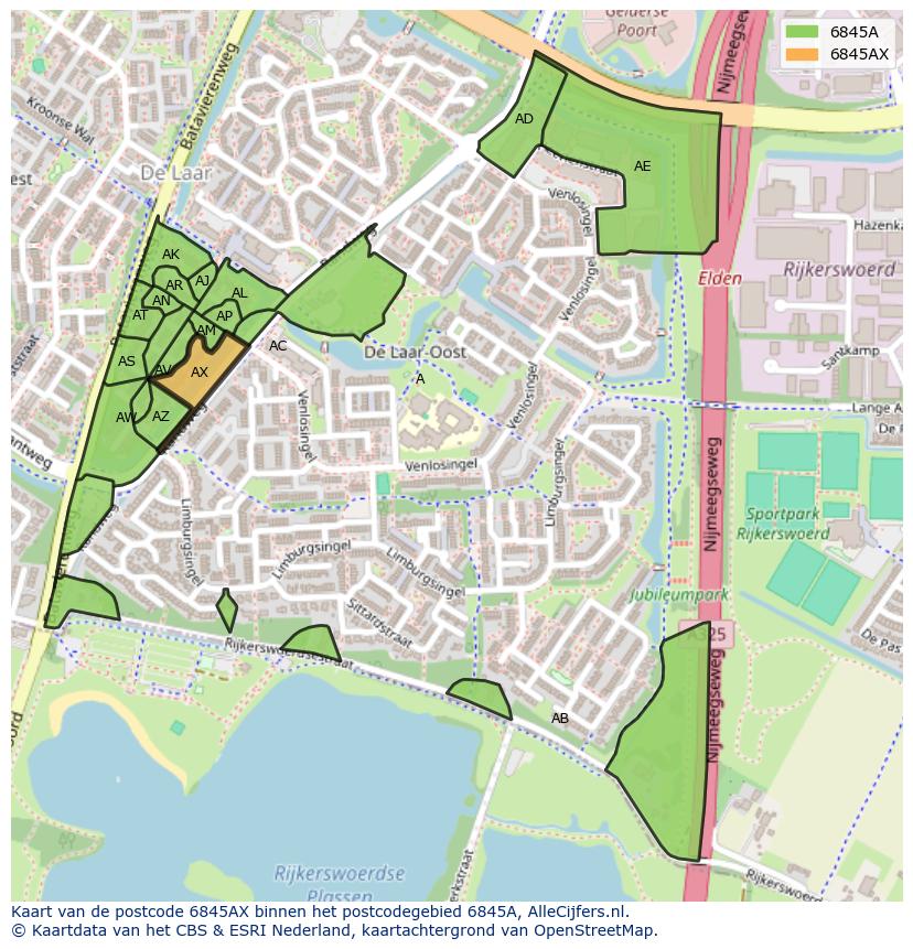 Afbeelding van het postcodegebied 6845 AX op de kaart.