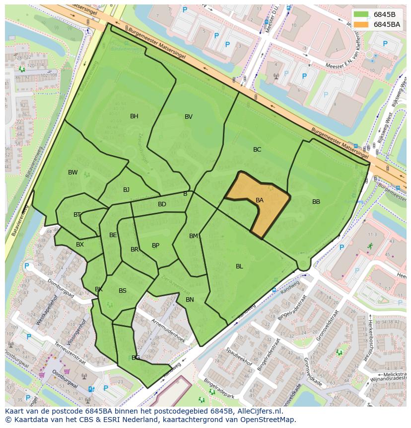 Afbeelding van het postcodegebied 6845 BA op de kaart.