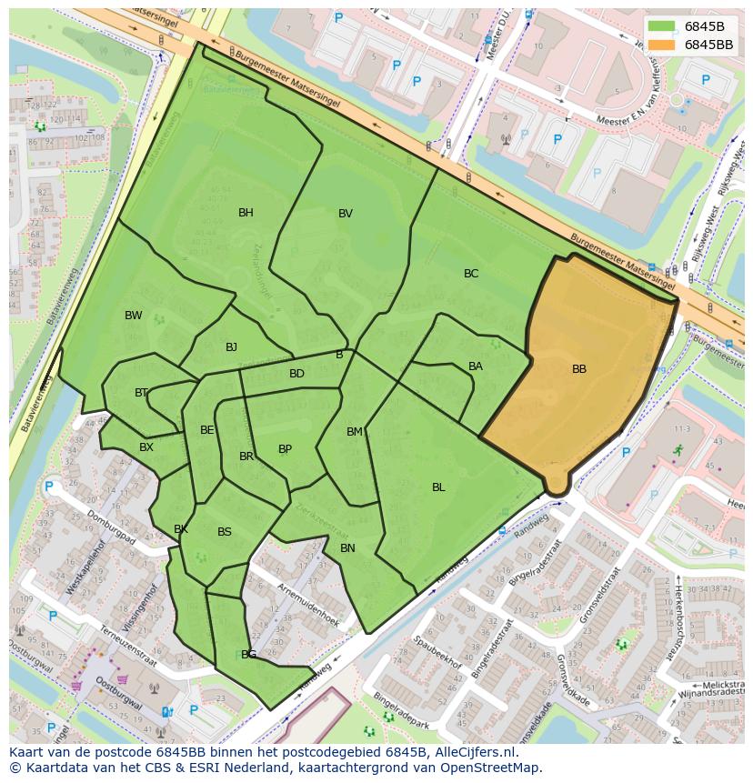 Afbeelding van het postcodegebied 6845 BB op de kaart.