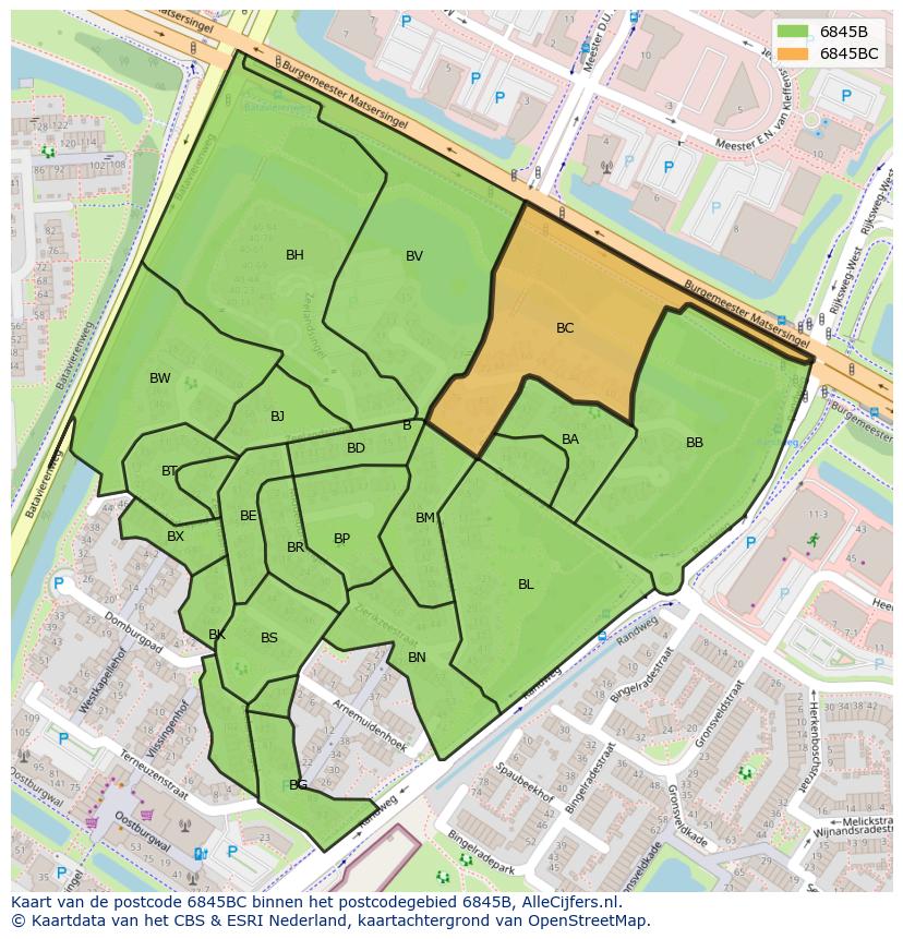 Afbeelding van het postcodegebied 6845 BC op de kaart.