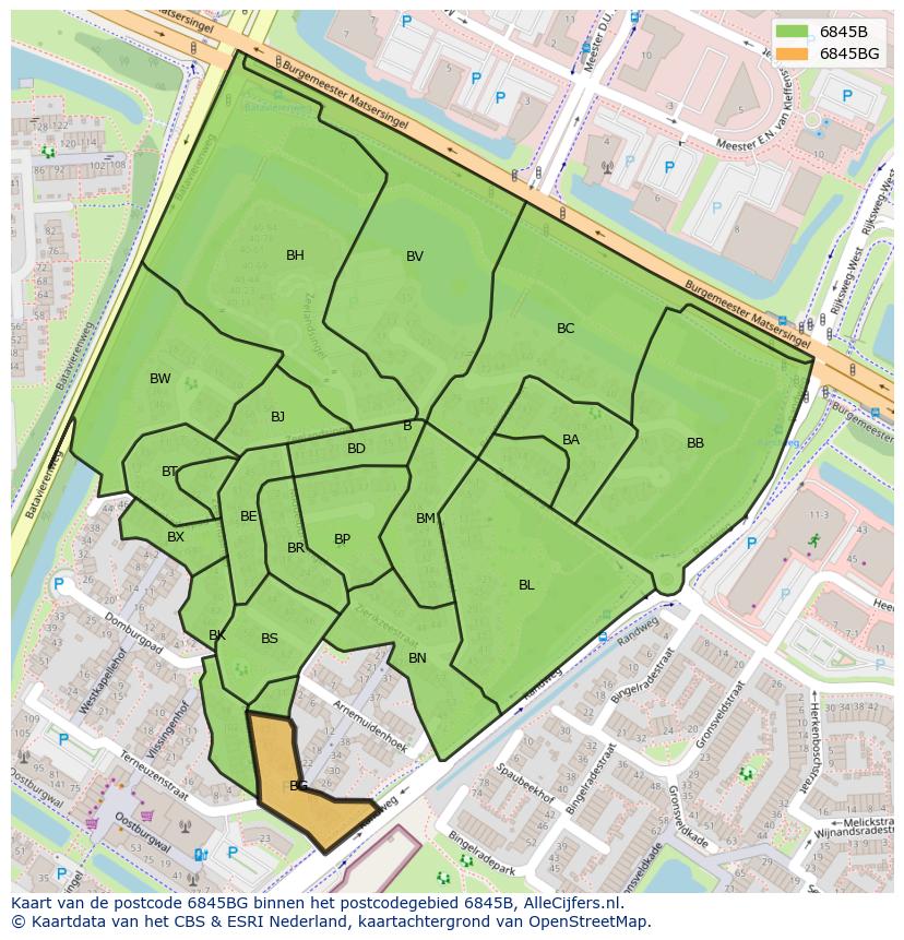Afbeelding van het postcodegebied 6845 BG op de kaart.