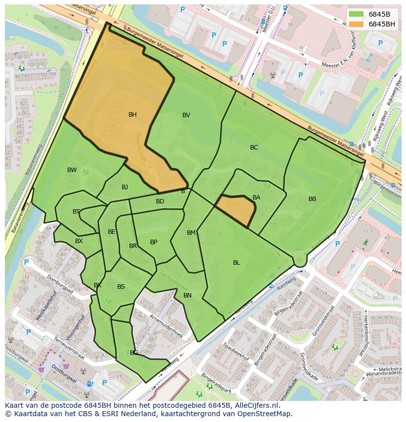 Afbeelding van het postcodegebied 6845 BH op de kaart.