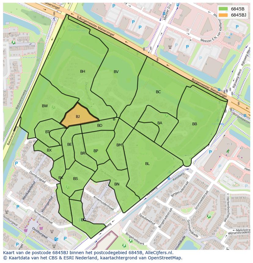 Afbeelding van het postcodegebied 6845 BJ op de kaart.