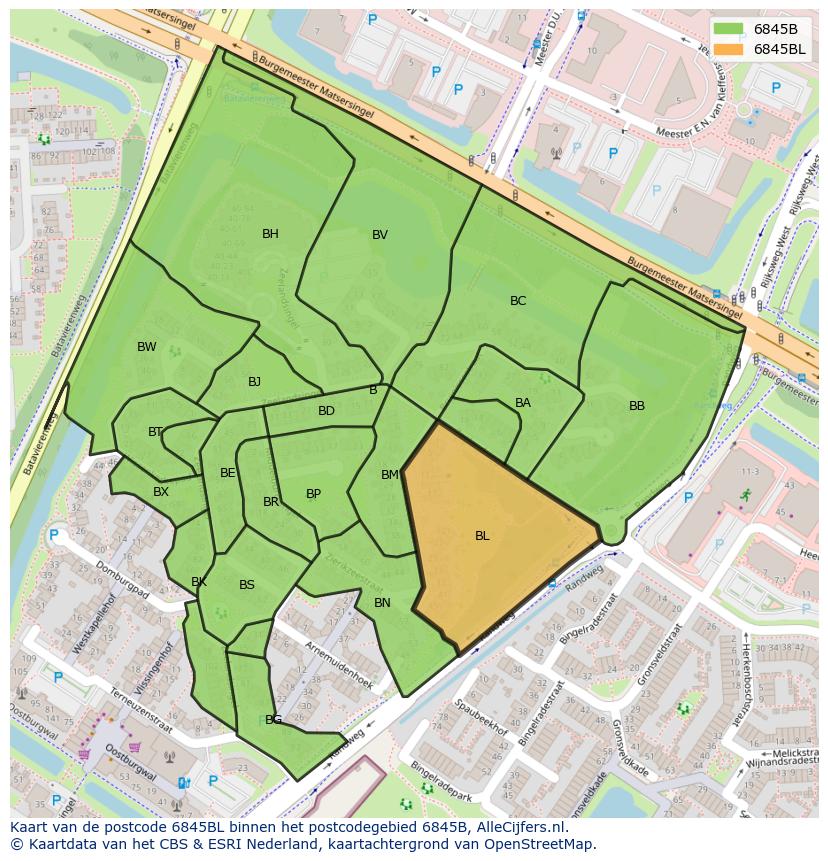 Afbeelding van het postcodegebied 6845 BL op de kaart.