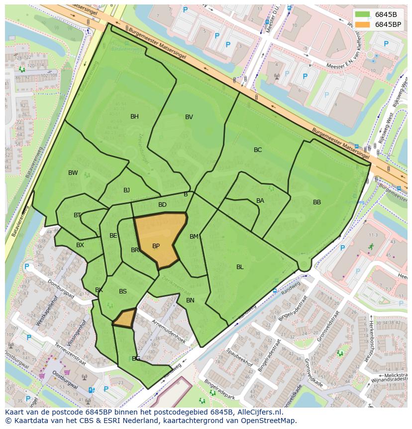 Afbeelding van het postcodegebied 6845 BP op de kaart.
