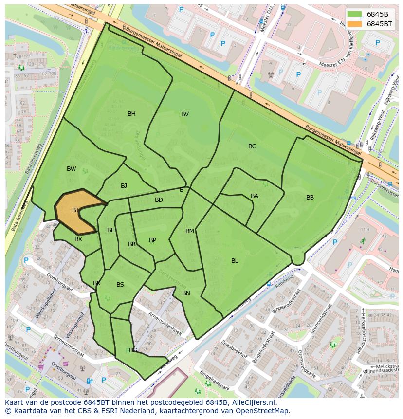 Afbeelding van het postcodegebied 6845 BT op de kaart.