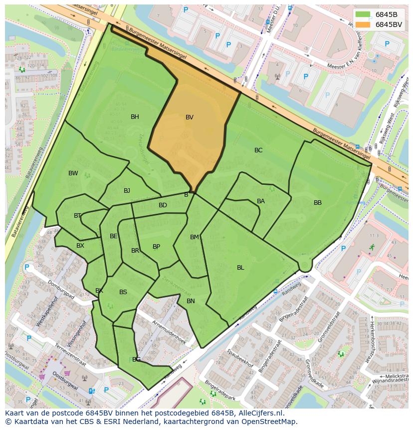 Afbeelding van het postcodegebied 6845 BV op de kaart.