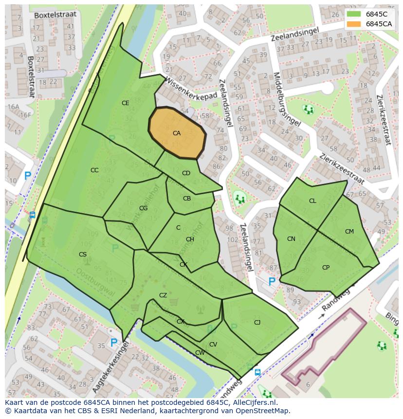 Afbeelding van het postcodegebied 6845 CA op de kaart.