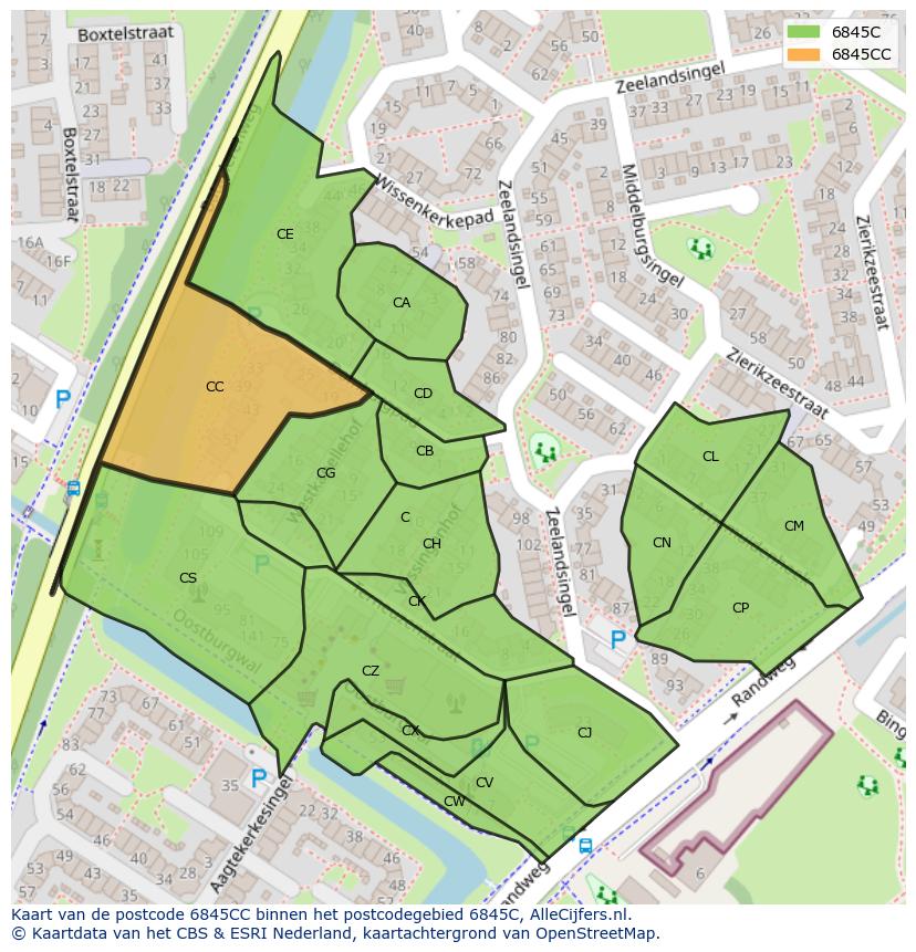 Afbeelding van het postcodegebied 6845 CC op de kaart.