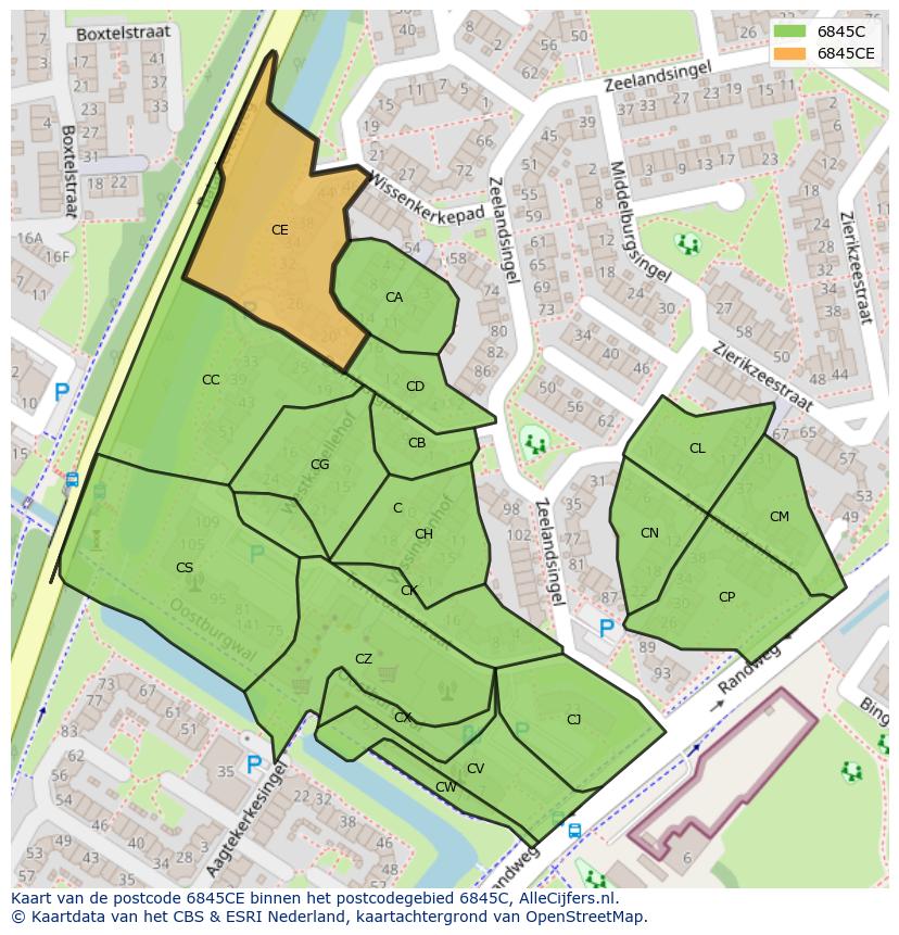 Afbeelding van het postcodegebied 6845 CE op de kaart.